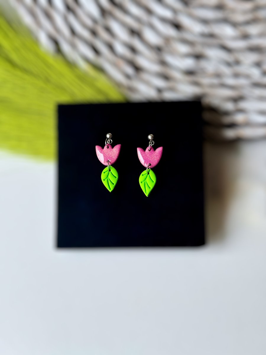 Dainty Tulip and Leaf Polymer Clay Earrings