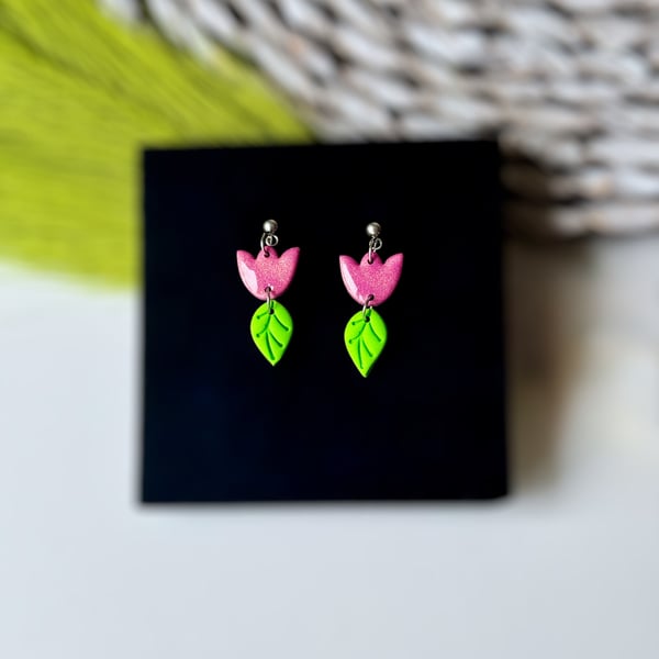 Dainty Tulip and Leaf Polymer Clay Earrings