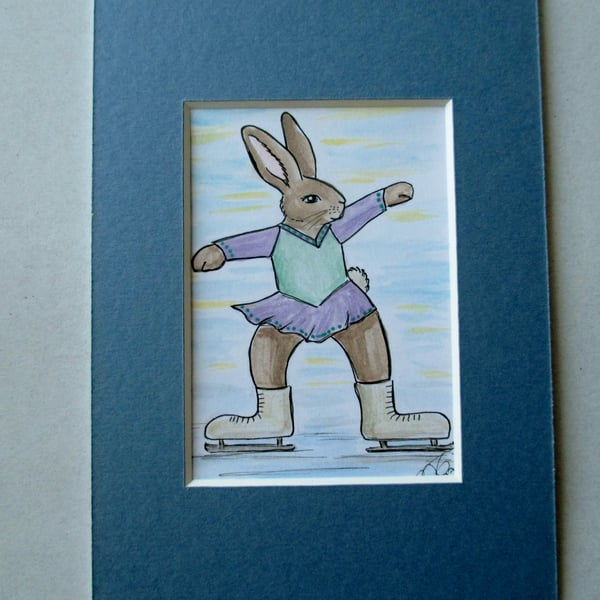 Ice Skater Skating Bunny Rabbit Dancer Dancing ACEO original painting in mount