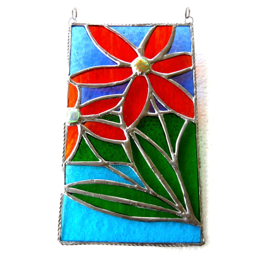 Red Flower Panel Stained Glass Art Suncatcher Picture Handmade