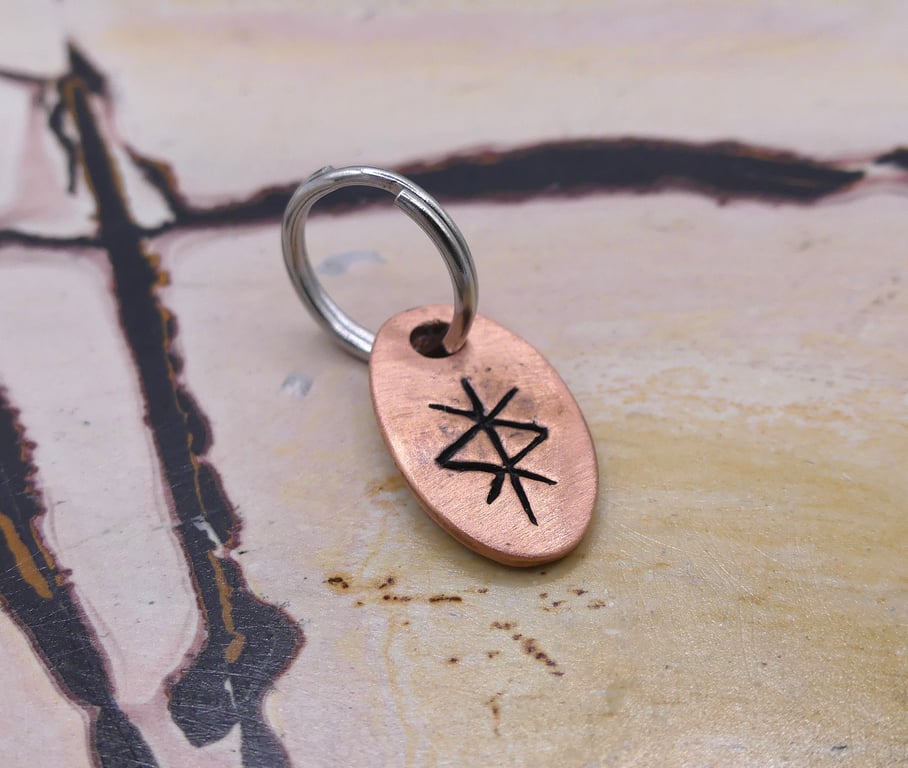Recycled Oval Copper Protection Bindrune Split Keyring Charm, Bag Charm.