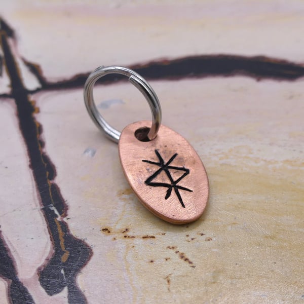 Recycled Oval Copper Protection Bindrune Split Keyring Charm, Bag Charm.