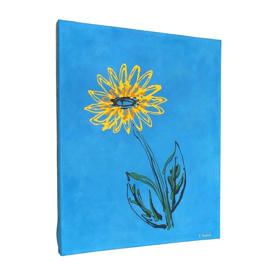 Sunflower Drip Painting - Blue and Yellow Original Canvas Art - Seconds Sunday