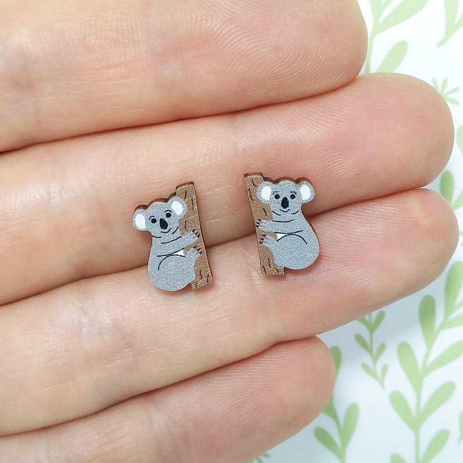 Koala Earrings, Wooden Animal Studs, Silver Plated or Sterling Silver Backs