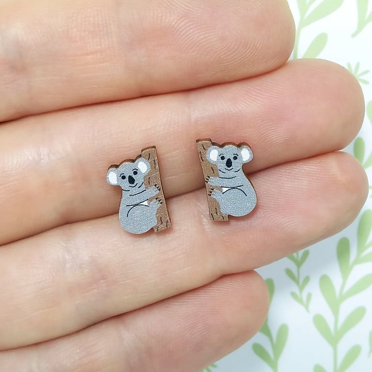 Koala Earrings, Wooden Animal Studs, Silver Plated or Sterling Silver Backs