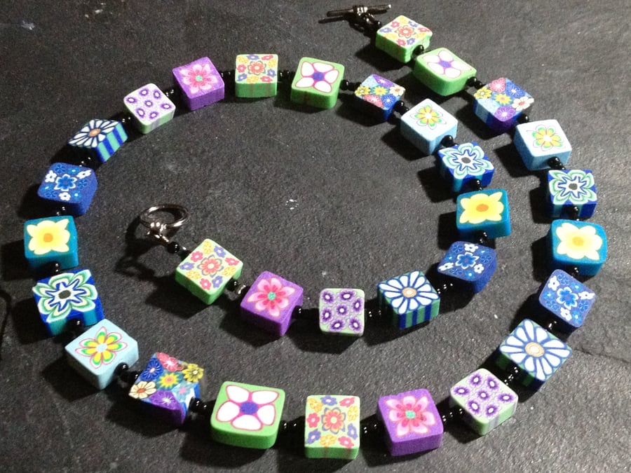 Flower Mosaic Polymer Clay Necklace 18 inch  Blues, Greens and Purples
