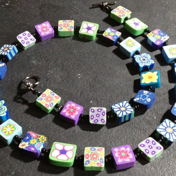 Flower Mosaic Polymer Clay Necklace 18 inch  Blues, Greens and Purples
