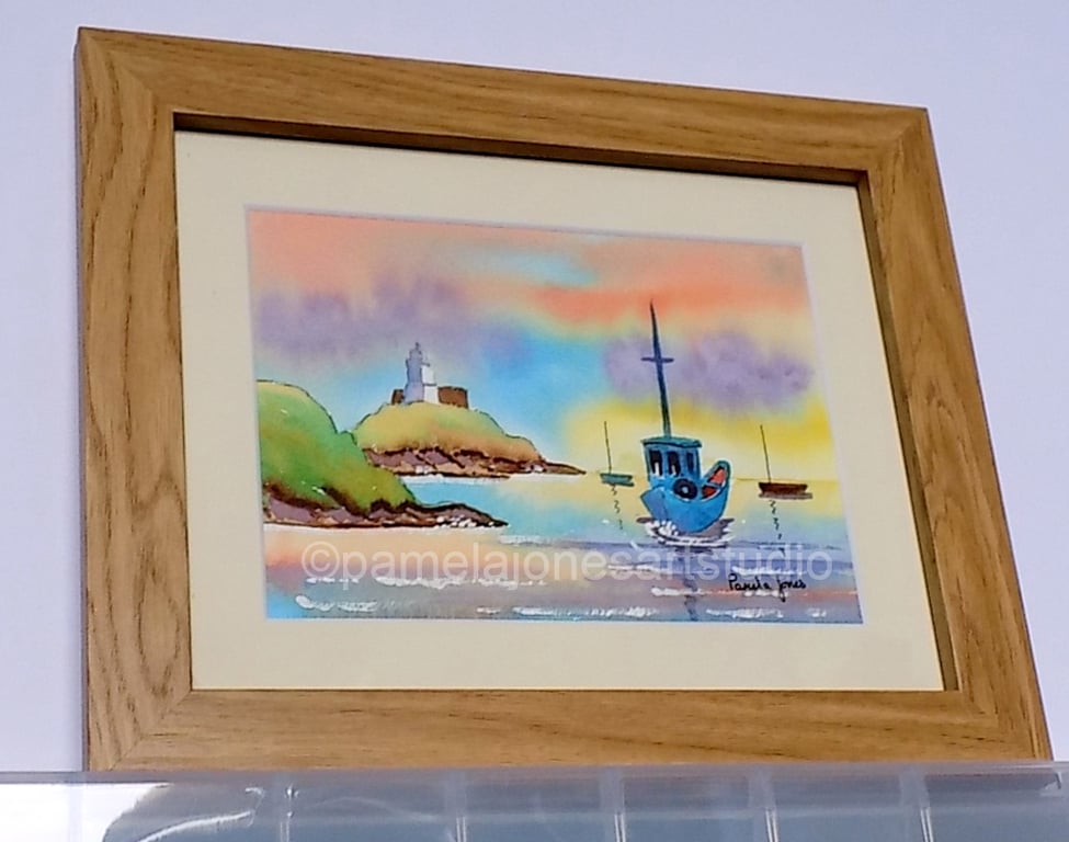 Morning Light, Mumbles Lighthouse, Original Watercolour in 10 x 8 '' Frame