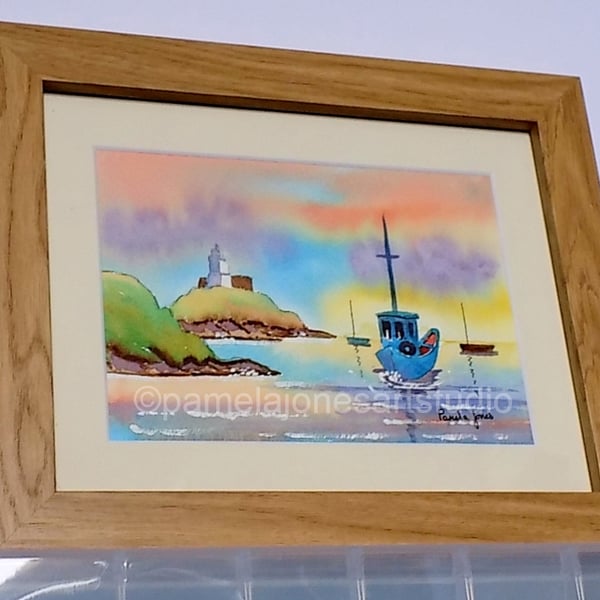 Morning Light, Mumbles Lighthouse, Original Watercolour in 10 x 8 '' Frame
