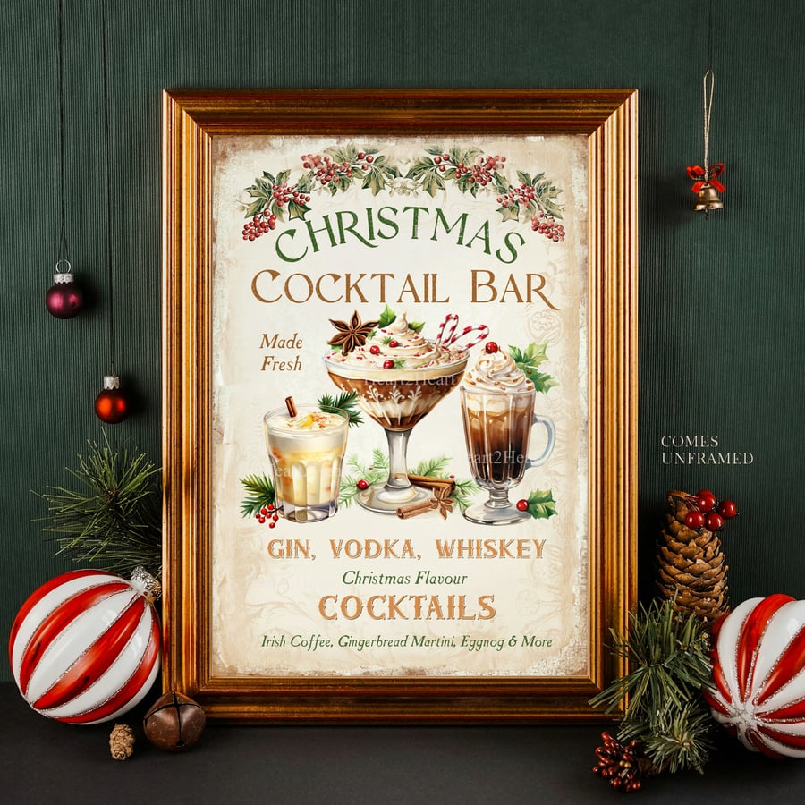 Christmas Cocktail Sign, Home Bar Print, - 5"x7"