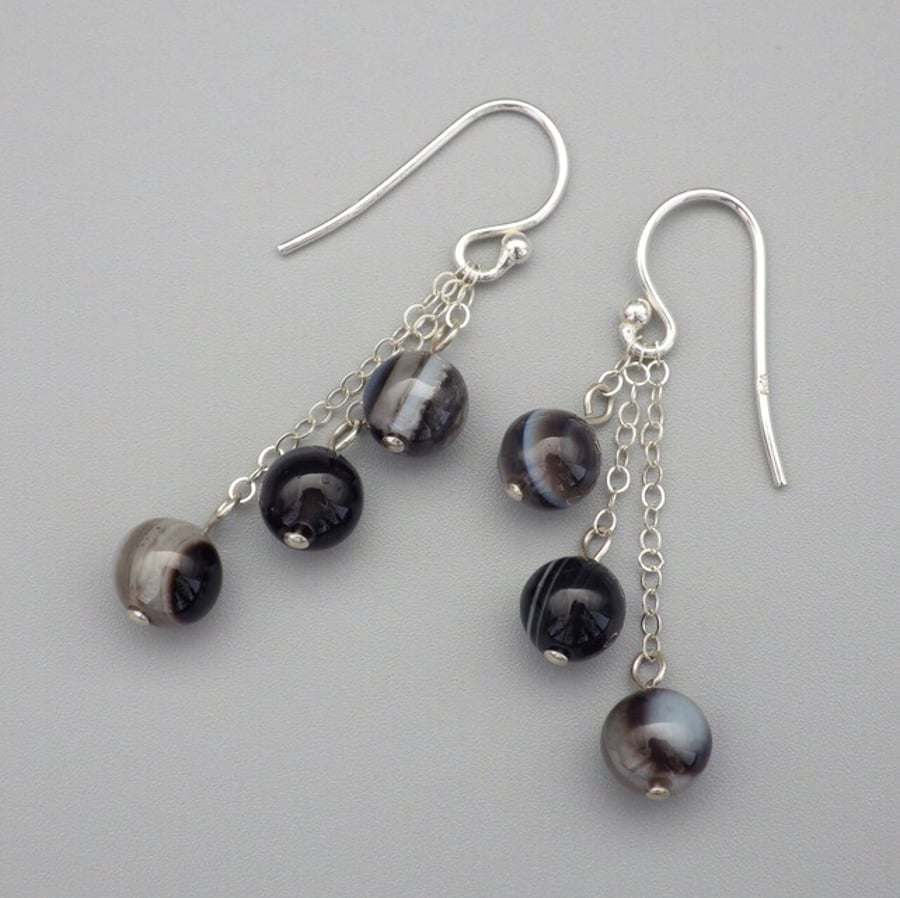 Monochrome three tier banded agate round bead earrings