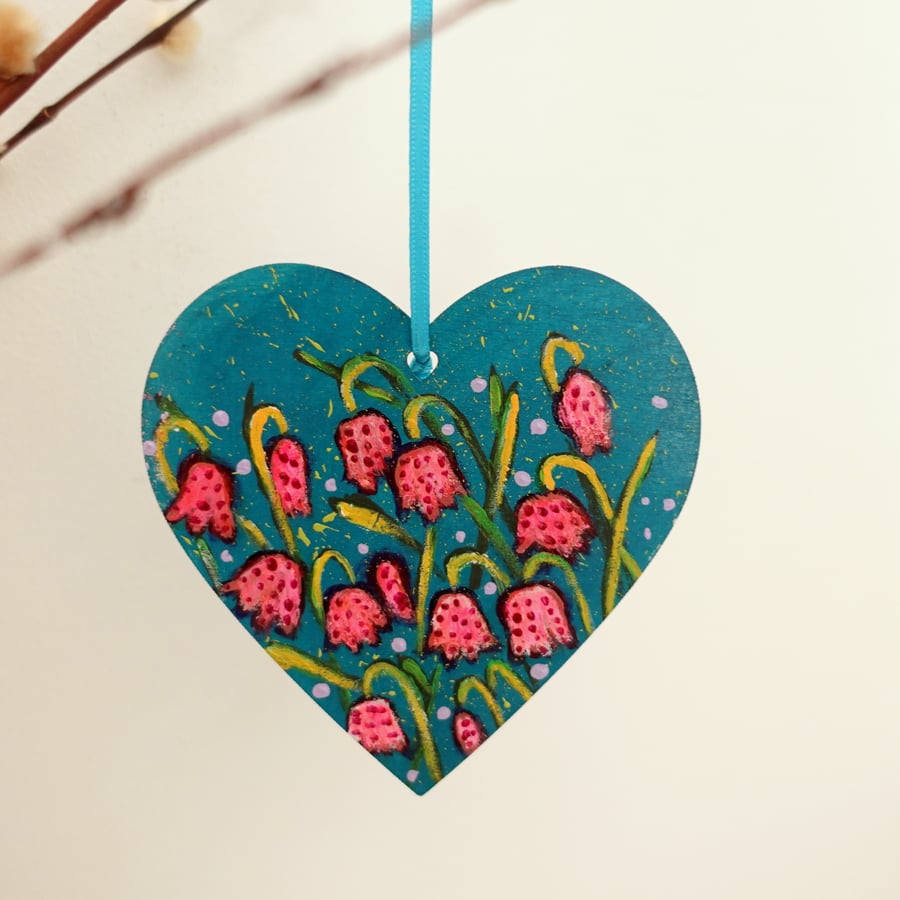 Teal Hanging Floral Heart Fritillaria Purple Pink Flower Painting Decoration 