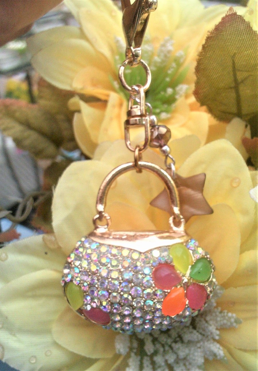 Bag Charm, Handbag Bag Charm with Crystals and Mother of Pearl Shell Stars