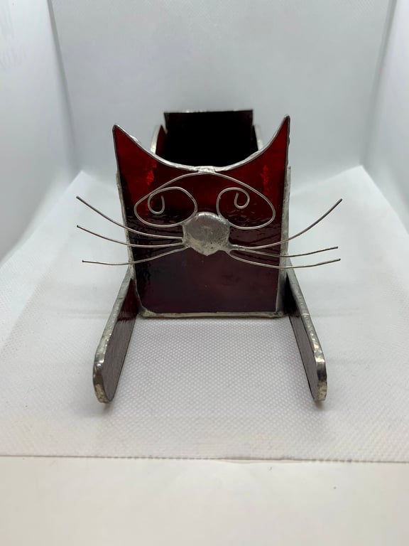 Stained glass stretching cat for use as jewellery box, desk tidy, pen caddy, etc