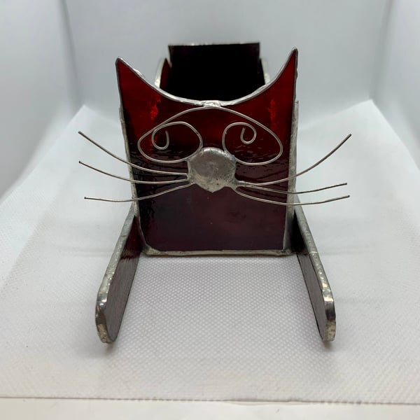 Stained glass stretching cat for use as jewellery box, desk tidy, pen caddy, etc