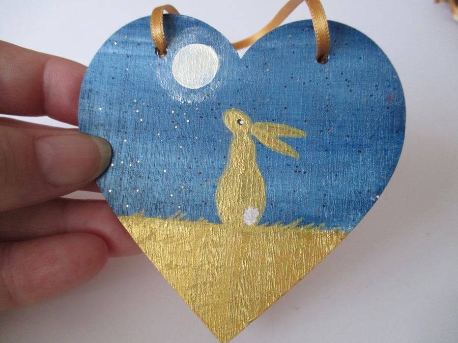 Bunny Rabbit Hanging Decoration Hand Painted Wooden Heart Golden Hare Bunny 004