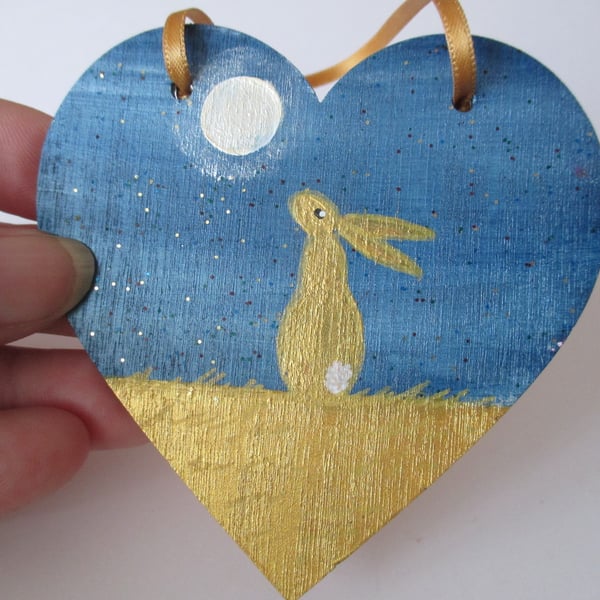 Bunny Rabbit Hanging Decoration Hand Painted Wooden Heart Golden Hare Bunny 004