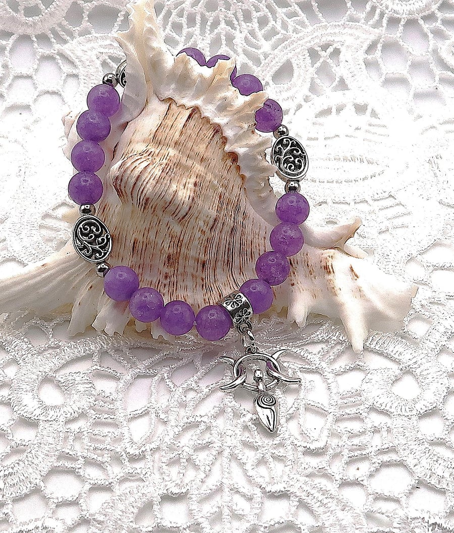 Lavender Amethyst Elasticated Bracelet with Goddess Moon Charm.  Free UK Postage