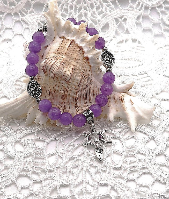 Lavender Amethyst Elasticated Bracelet with Goddess Moon Charm.  Free UK Postage
