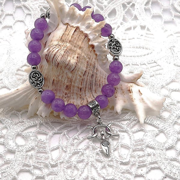 Lavender Amethyst Elasticated Bracelet with Goddess Moon Charm.  Free UK Postage