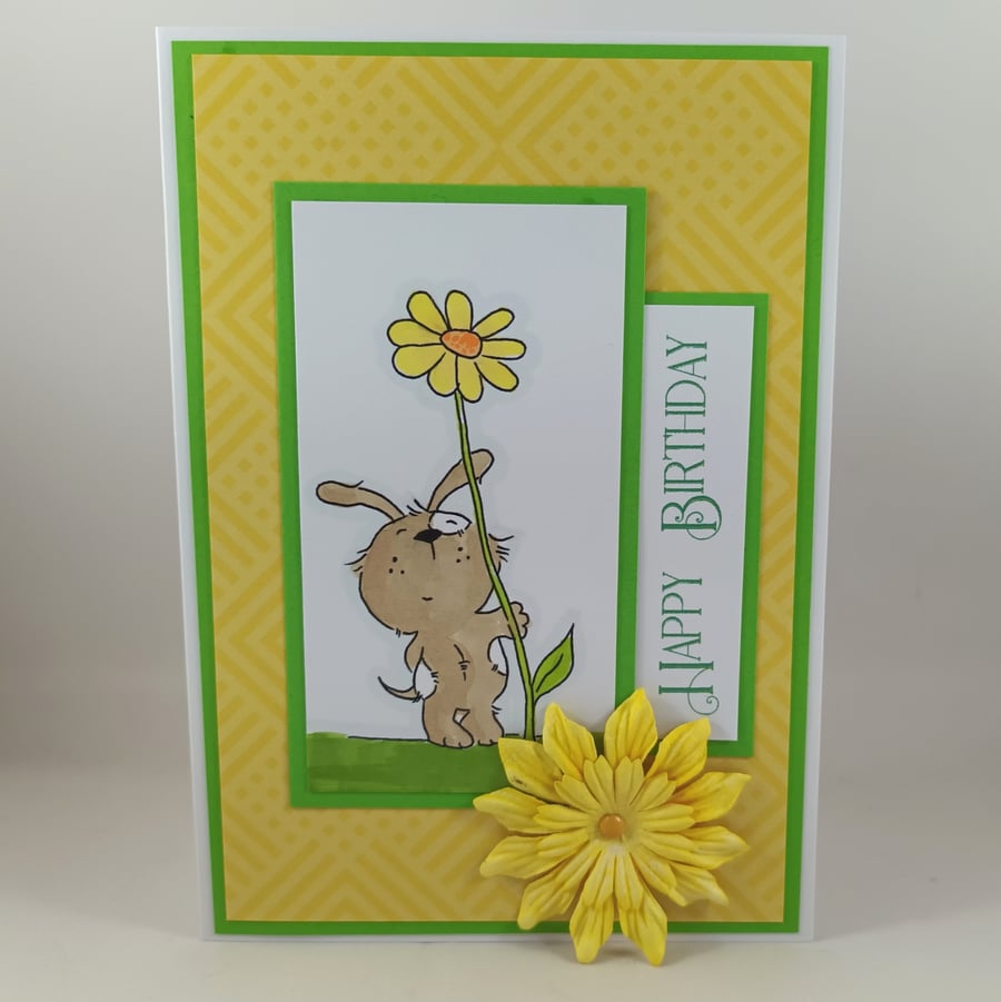 Handmade birthday card - dog with flower