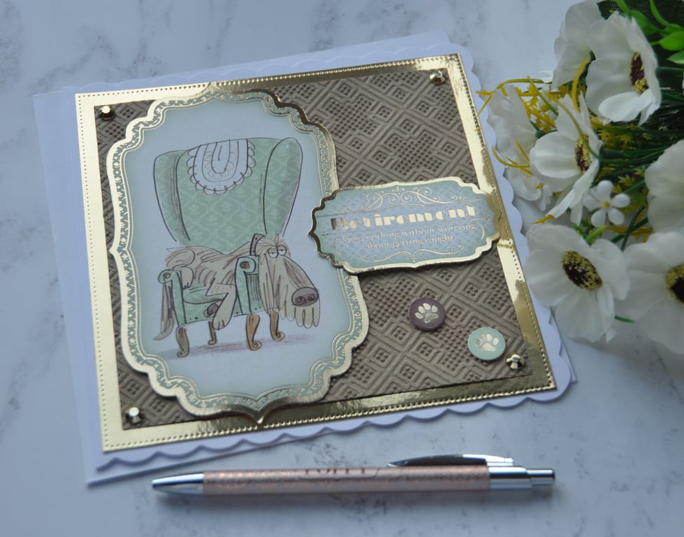 Retirement Card Old Dog in Large Green Antique Armchair 3D Luxury Handmade Card