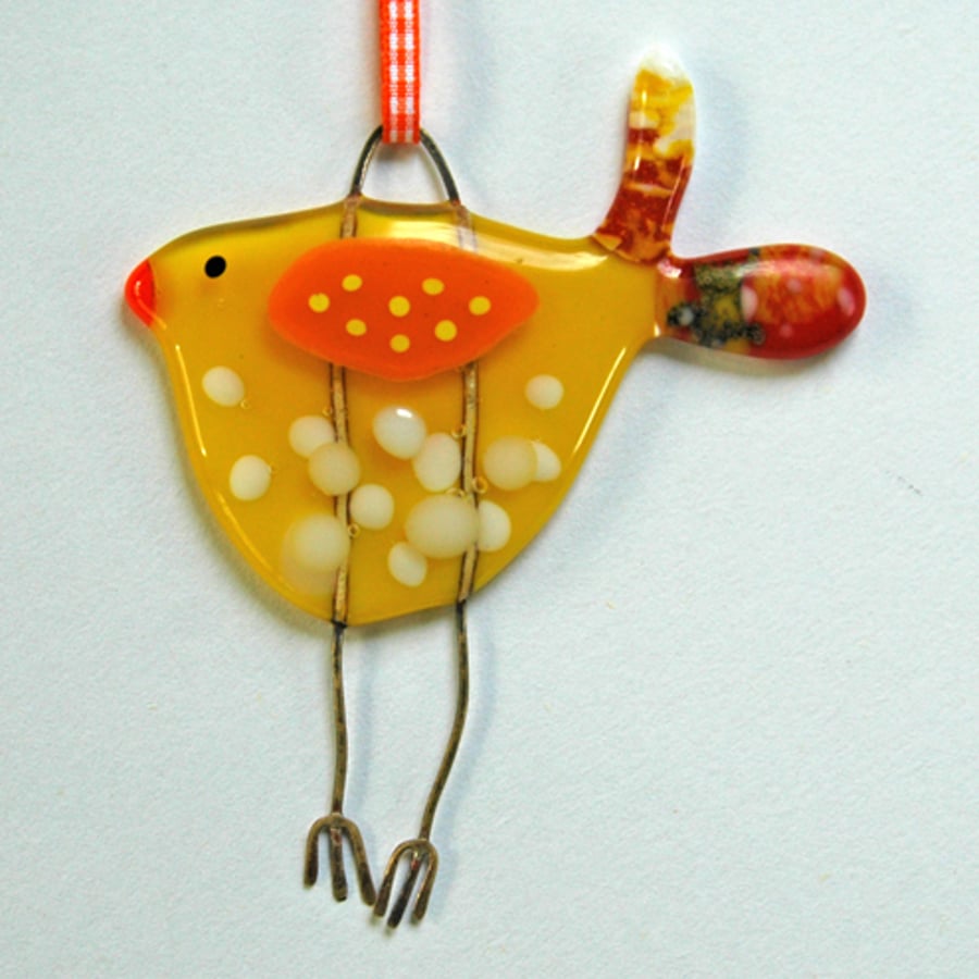 Yellow Spotty Fused Glass Bird Decoration