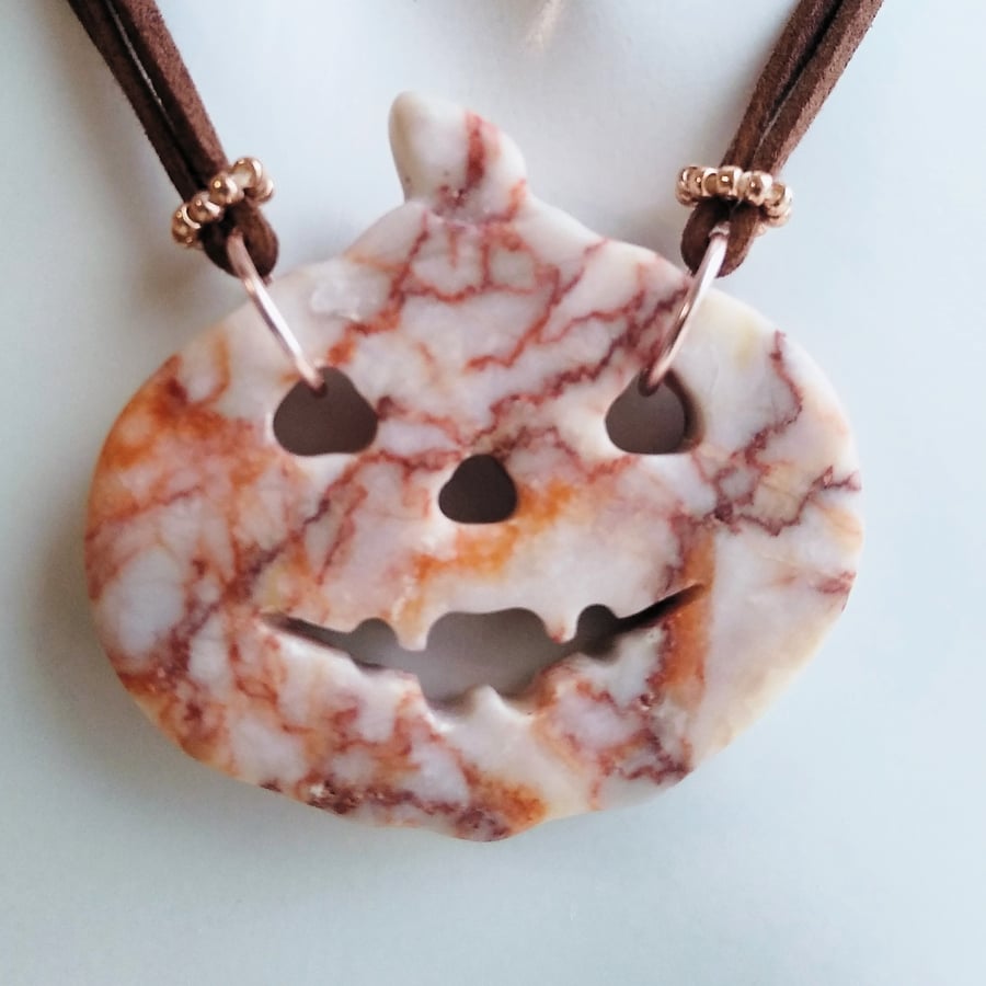Pumpkin Head Halloween Carved Marble and Faux Imitation Brown Leather Necklace 