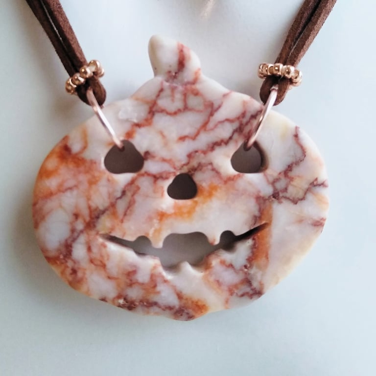 Pumpkin Head Halloween Carved Marble and Faux Imitation Brown Leather Necklace 