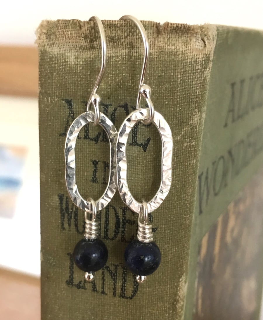 silver earrings, lapis lazuli hoop earrings