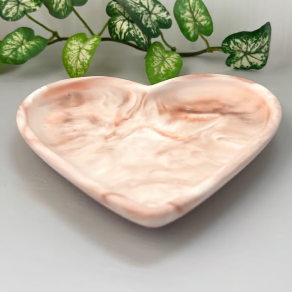 Blush Pink Marbled Heart Trinket Dish - Handmade Resin Jewellery Tray