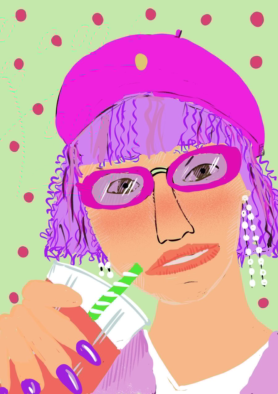 A6 postcard of a lady drinking lemonade