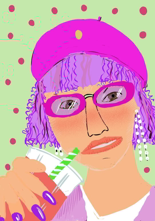 A6 postcard of a lady drinking lemonade