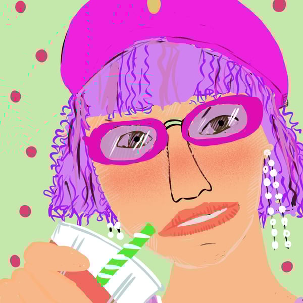 A6 postcard of a lady drinking lemonade