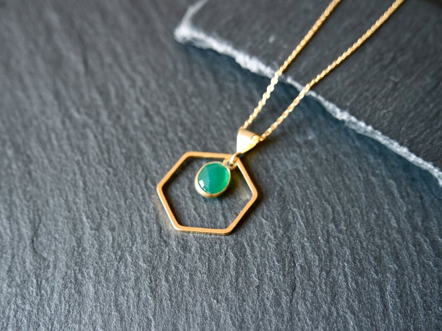 Green Onyx Hexagon Necklace - 925 Silver gold plated
