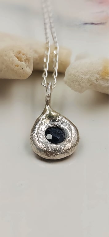 Teardrop Molten Sapphire Pendant – Sterling Silver Handmade Necklace