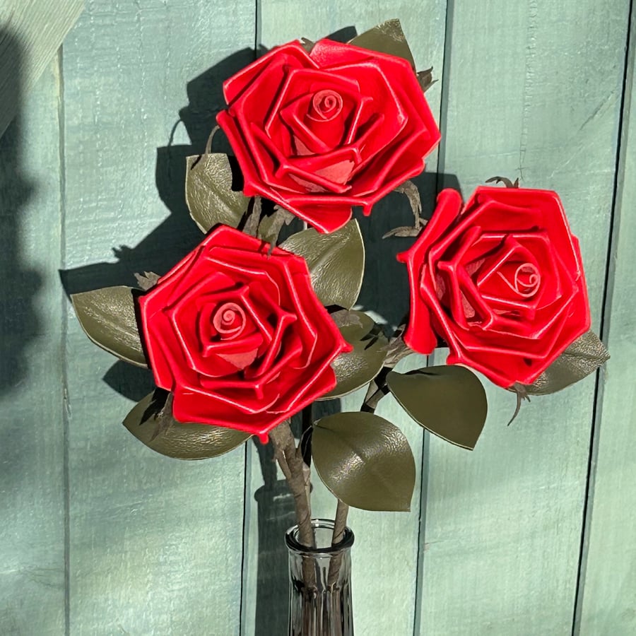 Trio of Red Leather Roses - 3rd Wedding Anniversary Gift 