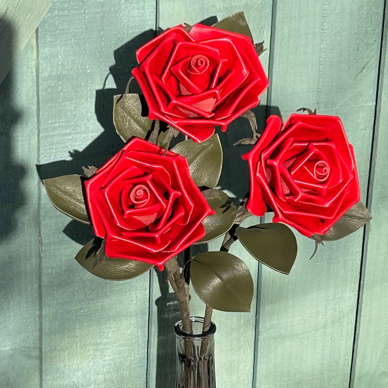 Trio of Red Leather Roses - Valentines gift. 3rd Wedding Anniversary Gift 