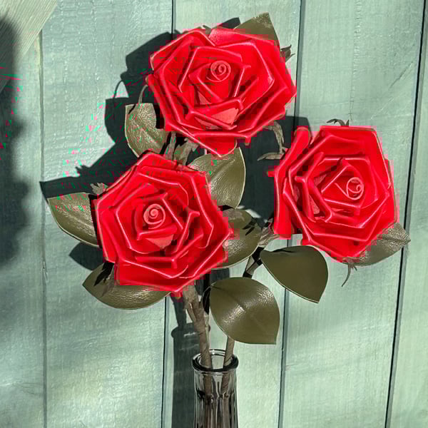 Trio of Red Leather Roses - 3rd Wedding Anniversary Gift 