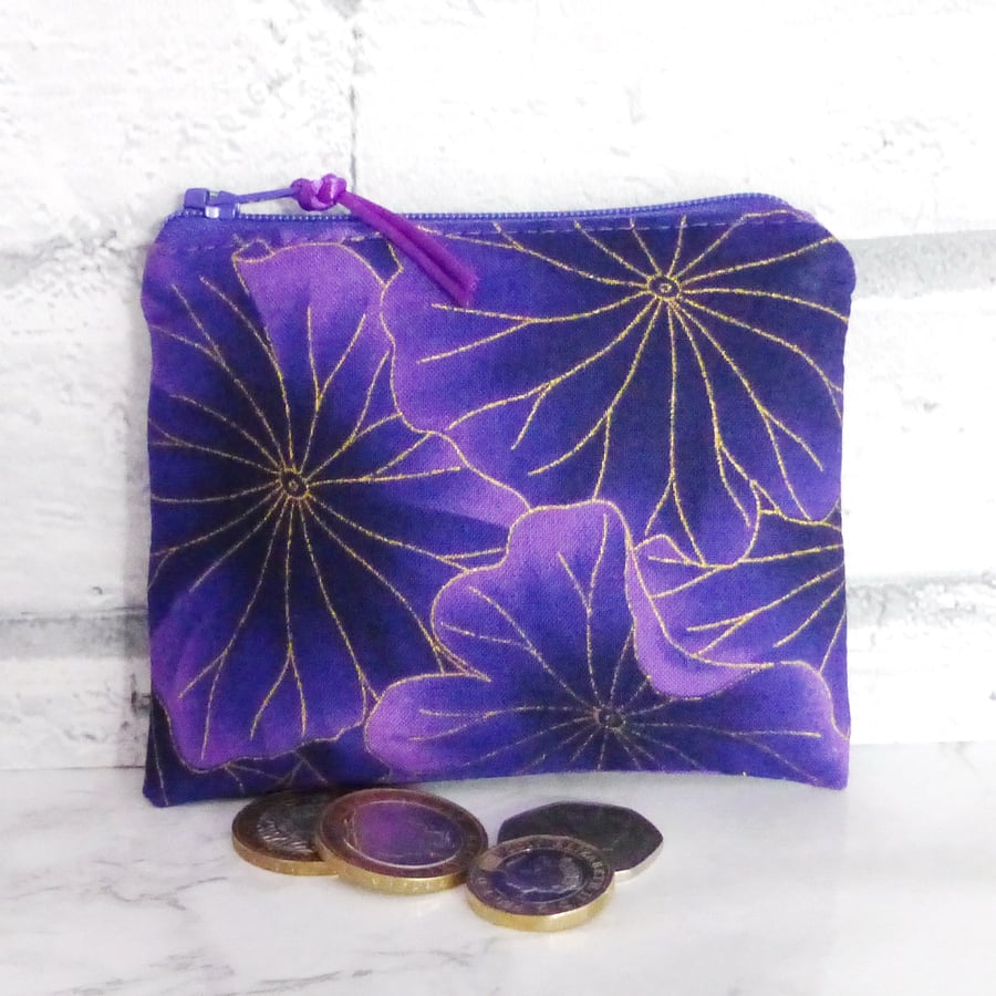 Zipped coin purse, purple floral.