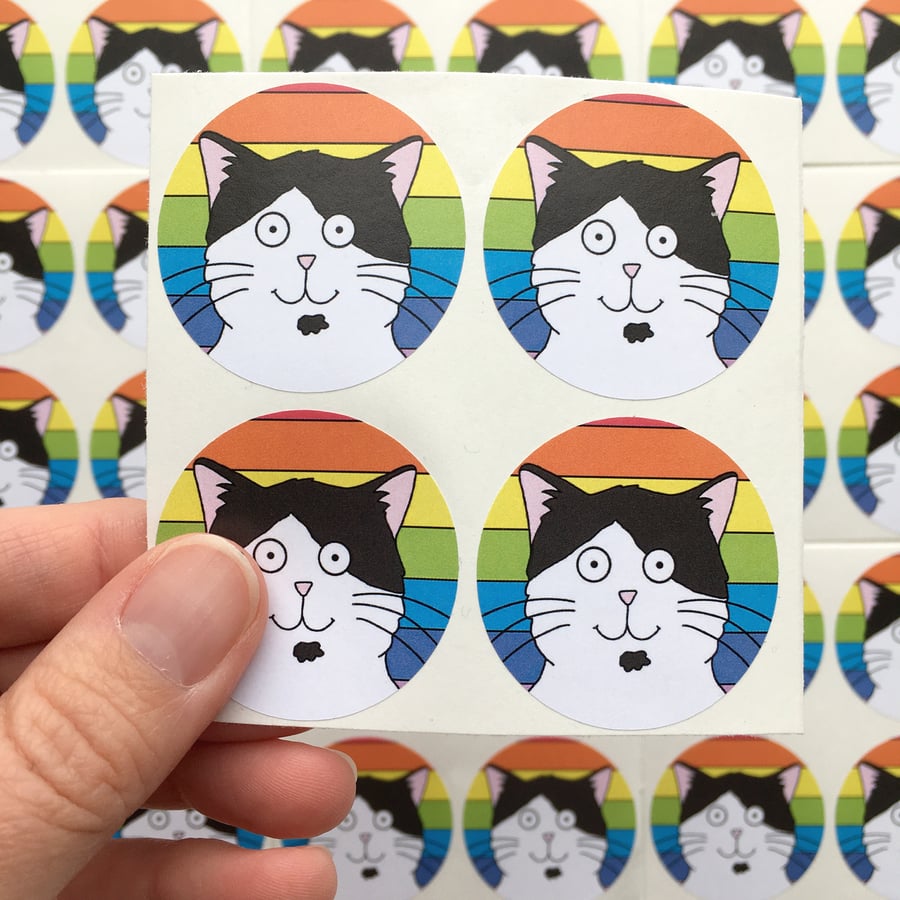 Black and White Cat Stickers (Our Dave - Rainbow) Set of 4