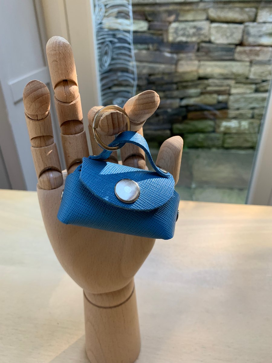Handmade blue leather bag shaped keyring for in-ear wired headphones or earbuds 