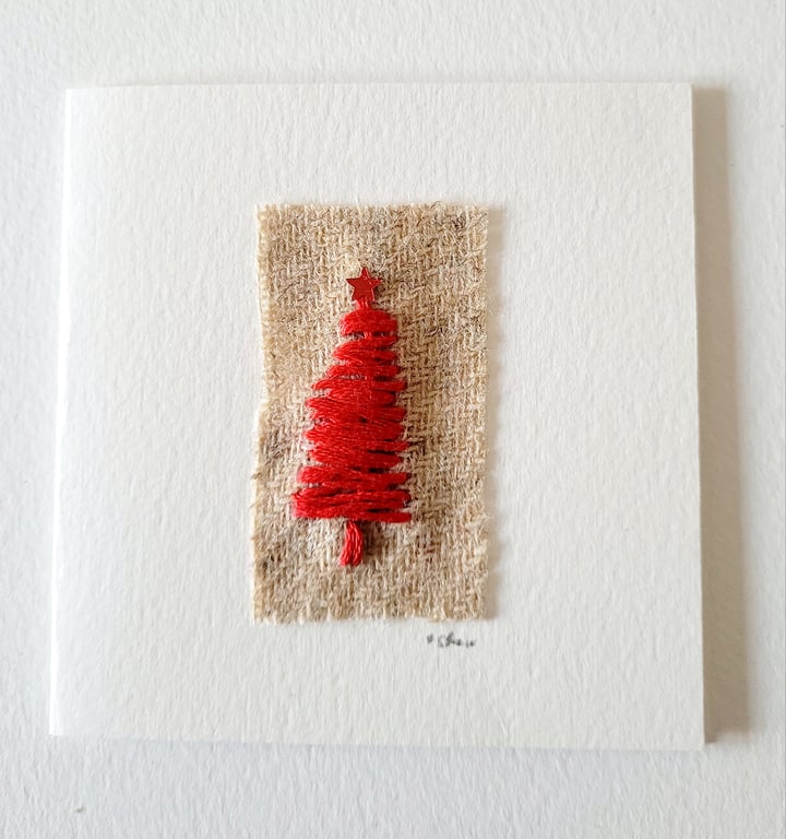 Handmade Embroidered 'Red Tree' Christmas Greeting Card 