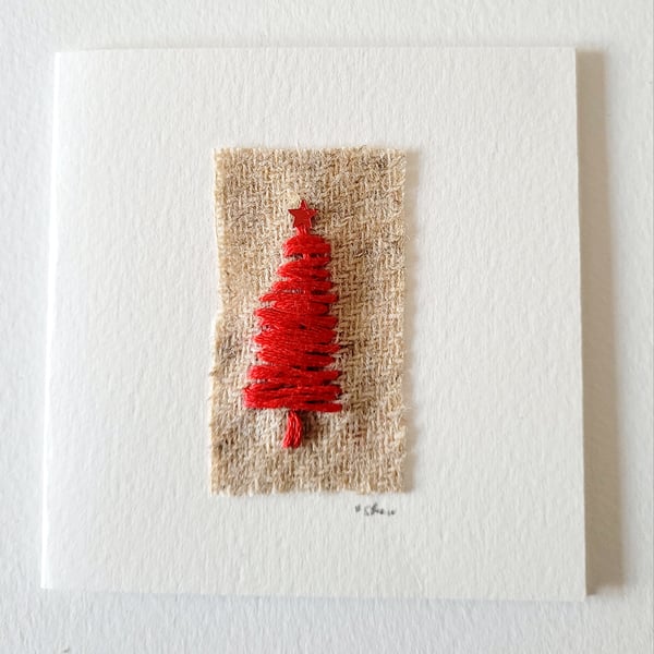 Handmade Embroidered 'Red Tree' Christmas Greeting Card 