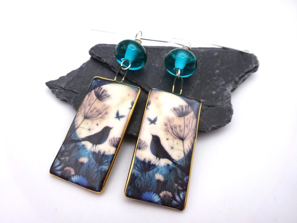lampwork glass teal earrings, ceramic bird jewellery