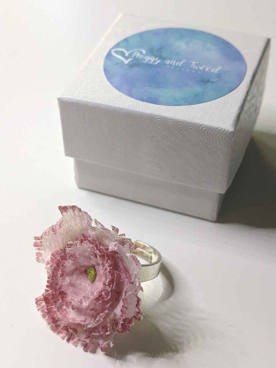 Ring, flower ring, pink ring, adjustable ring, textile ring, statement ring