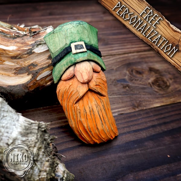 Hand-Carved Wooden Leprechaun, gnome - Personalised Wall Hanging Home Decoration