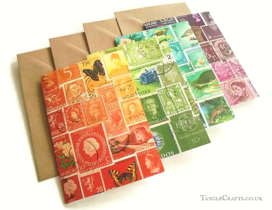 Colourful Postage Stamp Notecard Set - A6 blank inside cards for any occasion