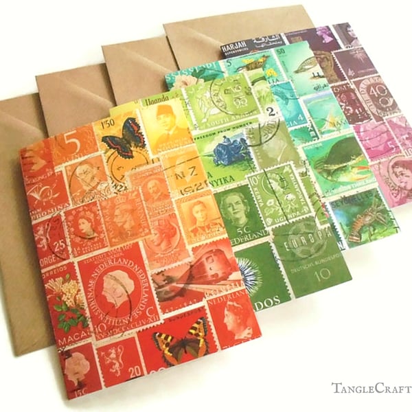 Colourful Postage Stamp Notecard Set - A6 blank inside cards for any occasion