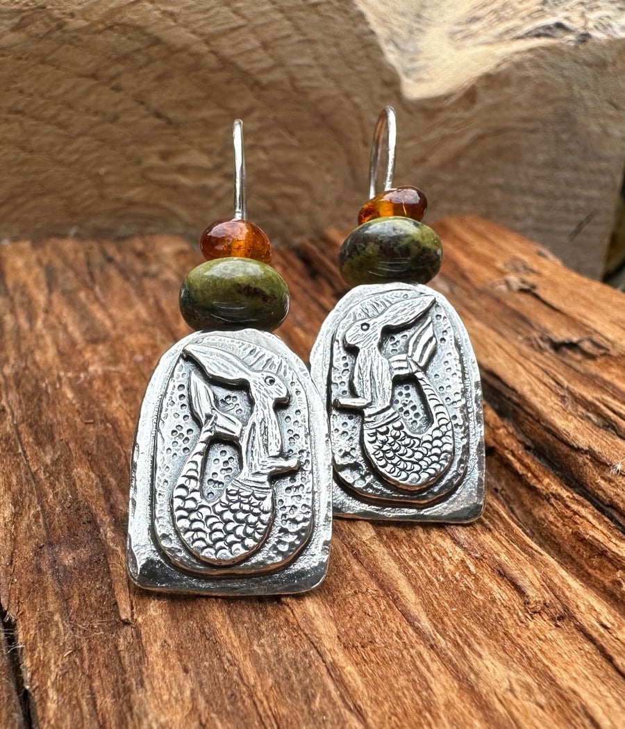 Merhare Earrings with Dragon Vein Jasper and Amber beads